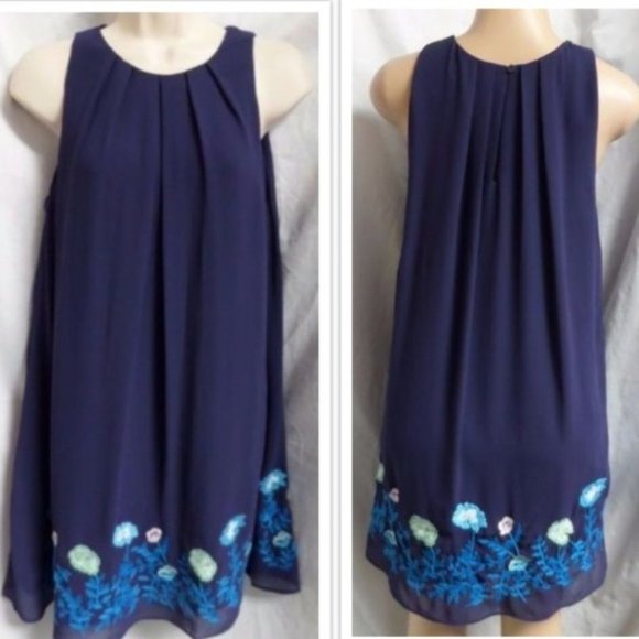 "LOFT" BLUE FLORAL EMBROIDERED SLEEVELESS BOHO SWING TRAPEZE DRESS SZE: 2P NWT - Picture 5 of 5